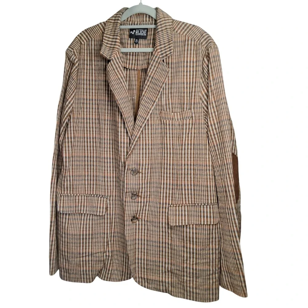 Rude Mens XL Brown Plaid Cotton Blazer Jacket Elbow Patches Dark Academia